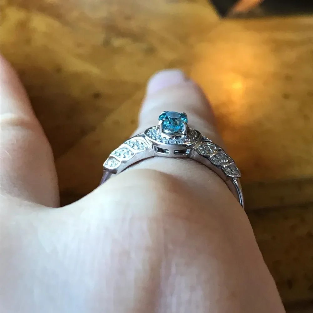 Natural Blue Zircon Moissanite Sterling Silver Ring Size 9